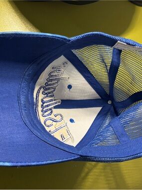 Blue Mesh Trucker Hat with Embroidered Interior Text